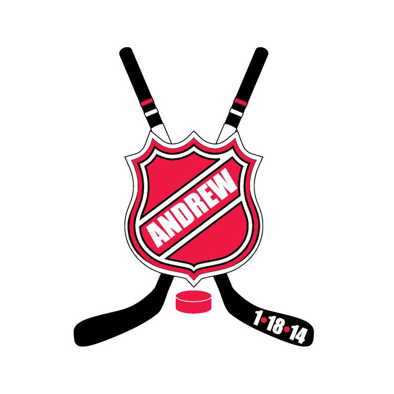 May include: A red and white hockey shield with the name "ANDREW" on it, crossed hockey sticks with a black puck underneath. The sticks have the numbers "1-18-14" on them.