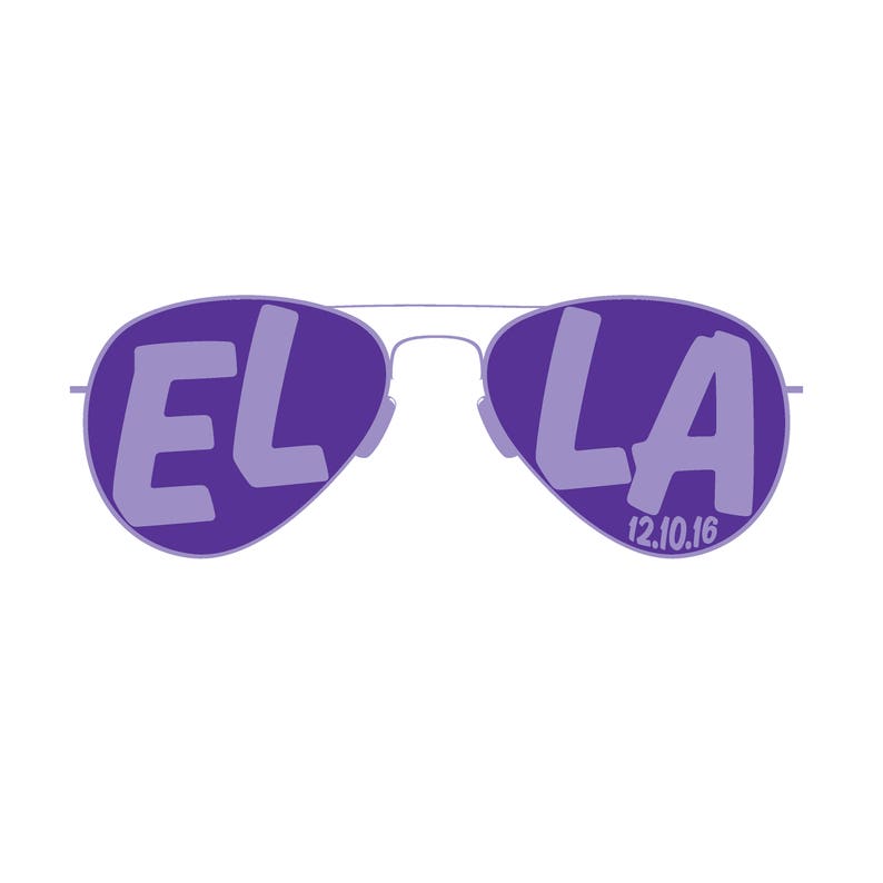 May include: Purple aviator sunglasses with the words "EL" and "LA" reflected in the lenses. The date "12.10.16" is also visible in the right lens.