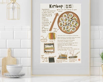 Kimbab Recipe Poster, Printable, Kitchen Decor, Home Decor, Printable Wall Art, Art, Coffee, Kitchen, Recipes. Food artwork. PDF/ JPG