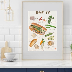 Poster Banh Mi, imprimable, décoration de cuisine, décoration d'intérieur, art mural imprimable, art, café, cuisine, Bahn Mi, recettes. Oeuvre d'art culinaire.PDF /JPG