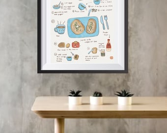 Recipe for Cucumber and Egg Sandwich, Printable, Kitchen Decor, Home Decor, Printable Wall Art, Art, Cafe, Kitchen. Food artwork. PDF/ JPG