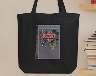 Bookish organic tote for knitters, crocheters, fiber artists & bookworms