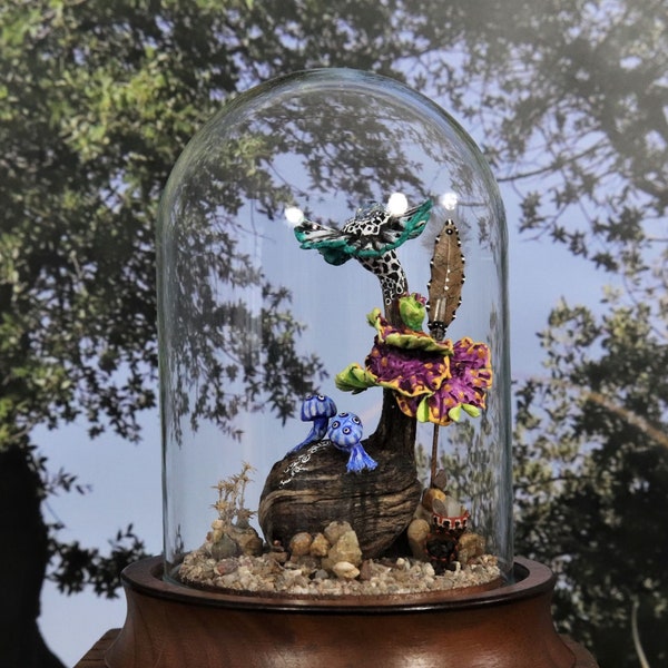 Artisan Handmade Fairy Garden Diorama w Magic Mushrooms. Cloche Dome Desert Terrarium. OOAK Oddity. Found Object Art. Mini Fantasy Sculpture