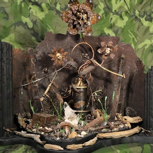 Steampunk Diorama. Assemblage Art. Found Object Sculpture, Desert Junk Yard Flowers. Rusty Recycled Nature Shadowbox. Oddities & Curiosities