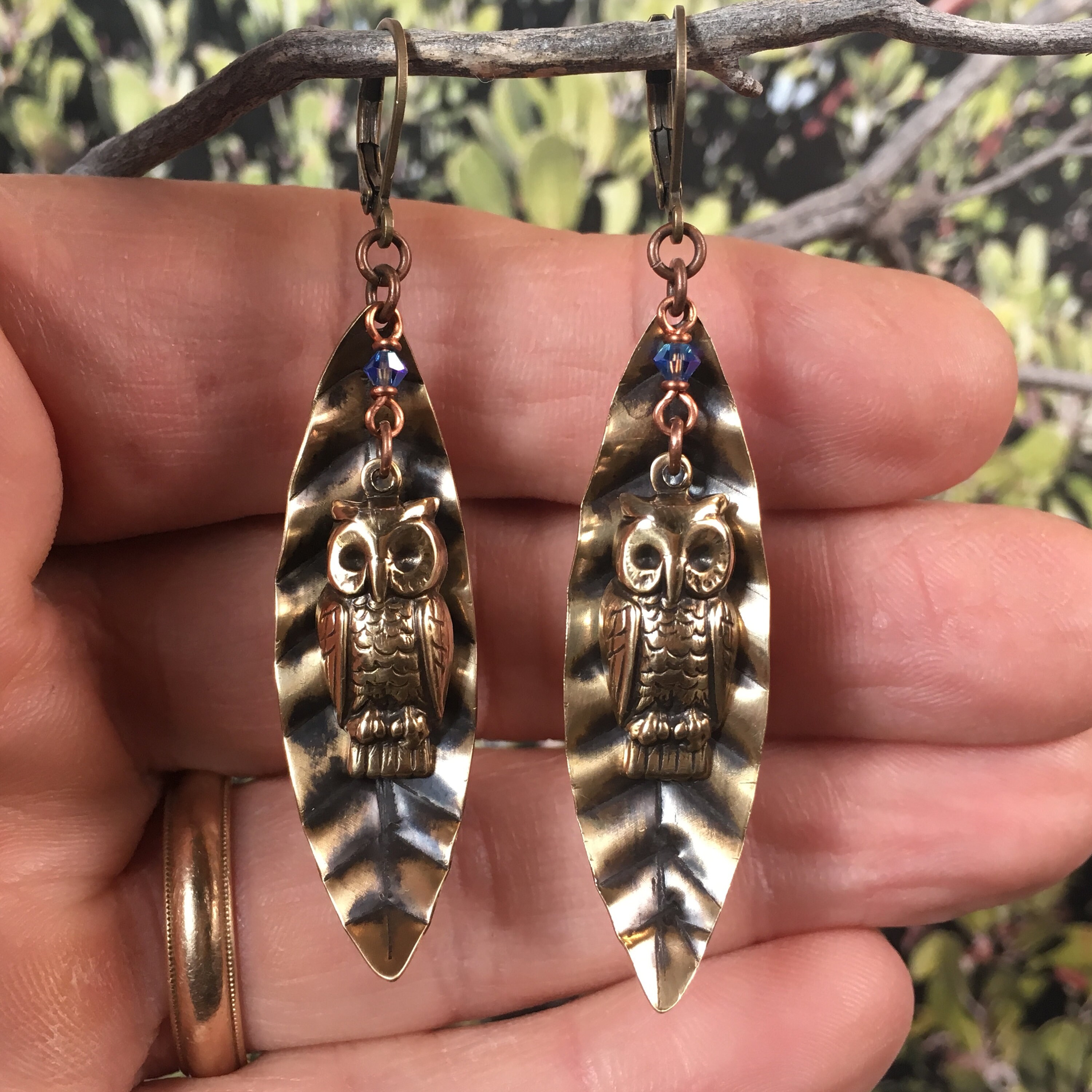 Handmade Brass Leaf Earrings, Owl Earrings, Nature Earrings, Leaf Jewelry, Gold Tone Earrings, Anima