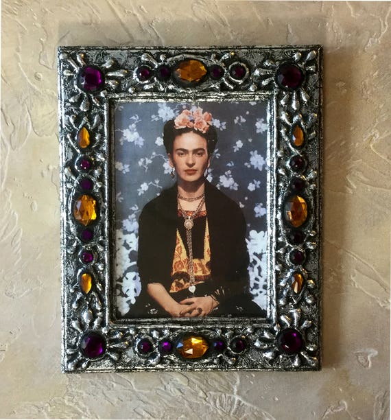 Frida Kahlo Shrine, Assemblage Art Frame, Jeweled Tin Picture Frame, Mexican Inspired Art, Bohemian Festive Wall Decor, Gold Purple Silver