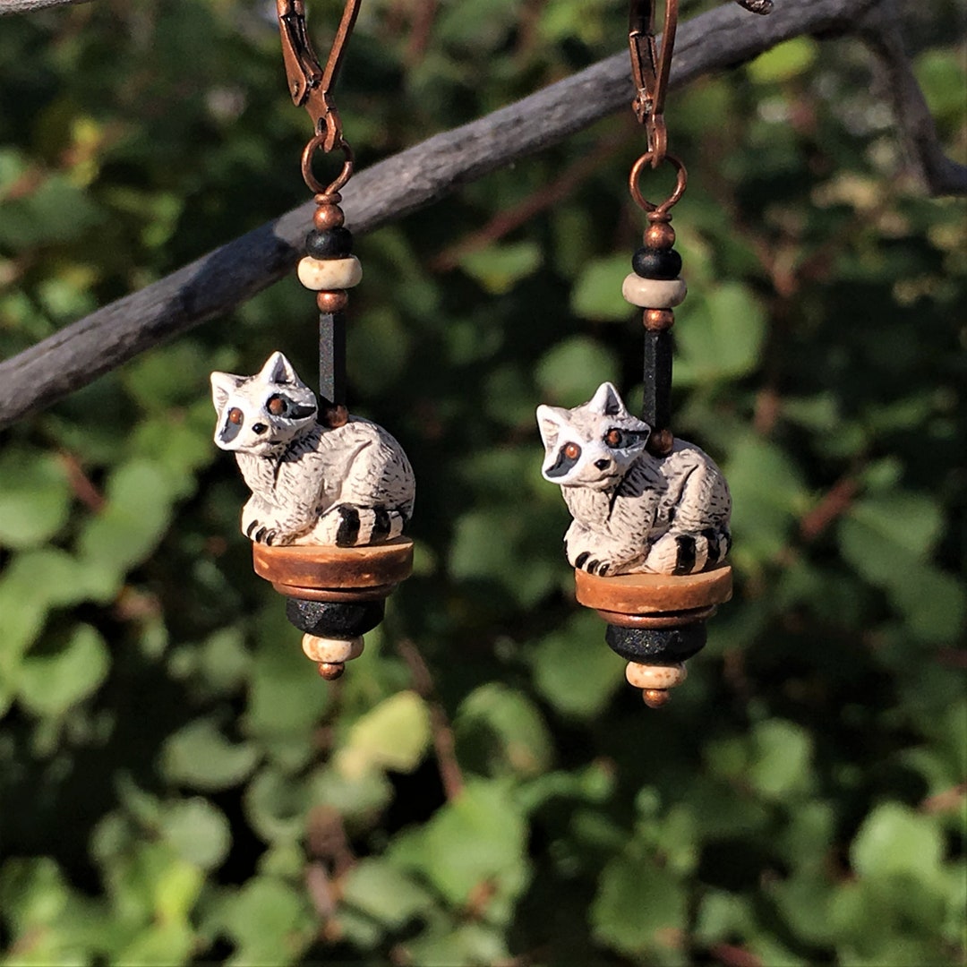 Raccoon Earrings, Wildlife Earrings, Totem Talisman Earrings, Spirit