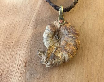 Rustic Mens Necklace, Leather and Stone Necklace, Ammonite Unisex Necklace, Tribal Womens Fossil Pendant, Primitive Post Apocalyptic Amulet