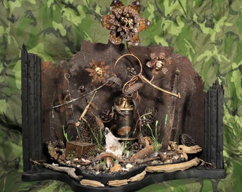 Crystal Fantasy Steampunk Diorama, Junk Yard Flowers, Found Object Sculpture, Assemblage Art, Rusty Recycled Nature Shadowbox, Desert Oddity
