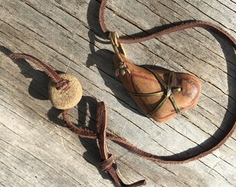 Raw Stone Mens Necklace, Womens Tribal River Rock Necklace,  Rustic Beach Stone Amulet Necklace, Primitive Leather & Stone Necklace w Bee