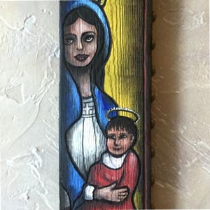 Religious Folk Art Painting on Wood, Blessed Mother and Child Retablo, Madonna and Child Painting, Virgin Mary and Baby Jesus, Holy Mother