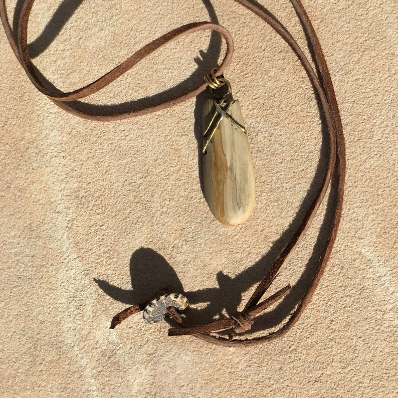 Rustic Nature Jewelry Leather and Stone Petrified Wood Jewelry OOAK Wander Mens Necklace Women/'s Fossil Necklace Tree Amulet Necklace