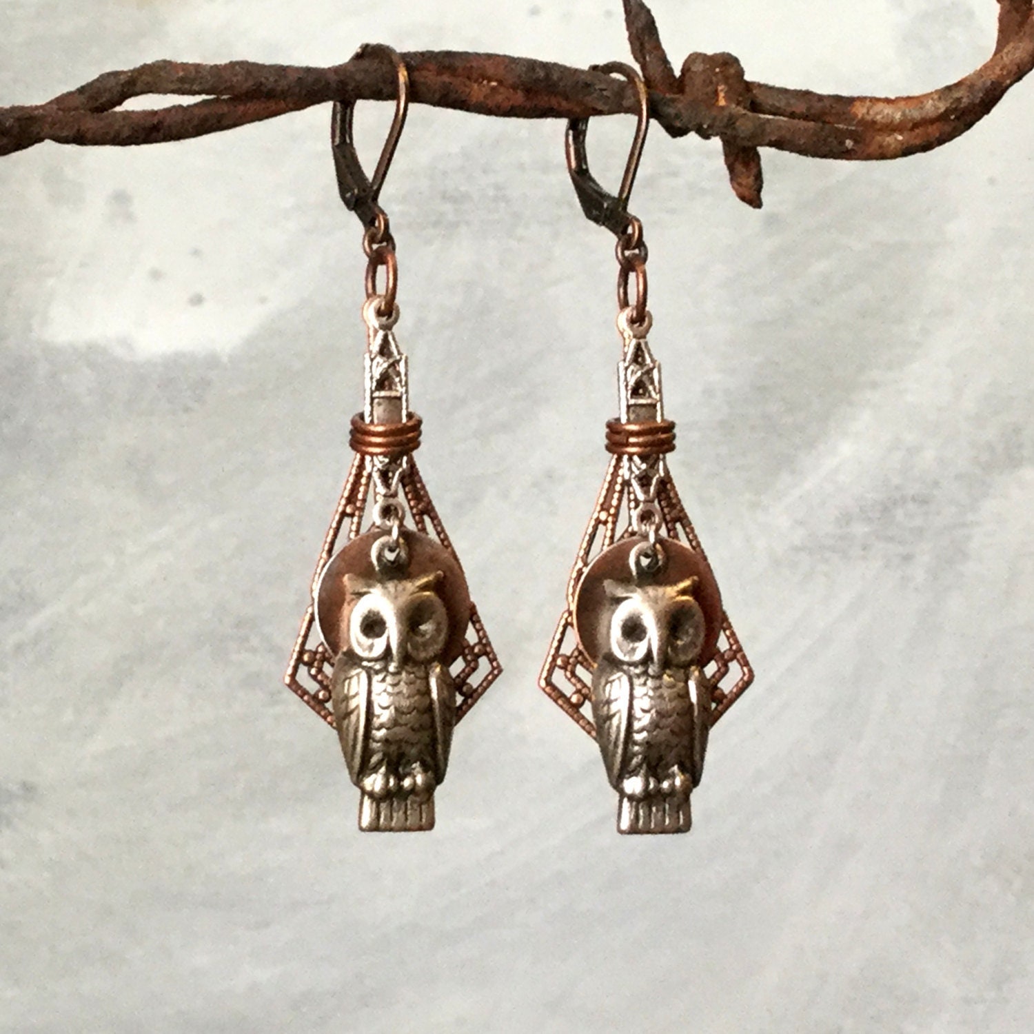 Handmade Silver Owl Earrings, Art Deco Owl Earrings, Owl Filigree Earrings, Unique Assemblage Earrin