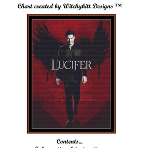 May include: Cross stitch chart pattern for a portrait of Lucifer from the TV show Lucifer. The image shows a man with dark hair and a black suit standing in front of a red background with black wings. The text "LUCIFER" is written in white letters on the image.