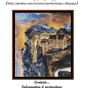 Puede incluir: Patrón de punto de cruz para un castillo en la cima de una montaña. El gráfico se titula "World's Edge" e incluye instrucciones y una lista de compras. El gráfico está creado por Witchykitt Designs y el arte es de prettysleepy1.