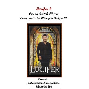 Könnte beinhalten: Kreuzstich-Chart-Muster für ein Porträt von Lucifer, einer Figur aus der Fernsehserie Lucifer. Das Diagramm enthält den Text "Lucifer" und "Witchykitt Designs".