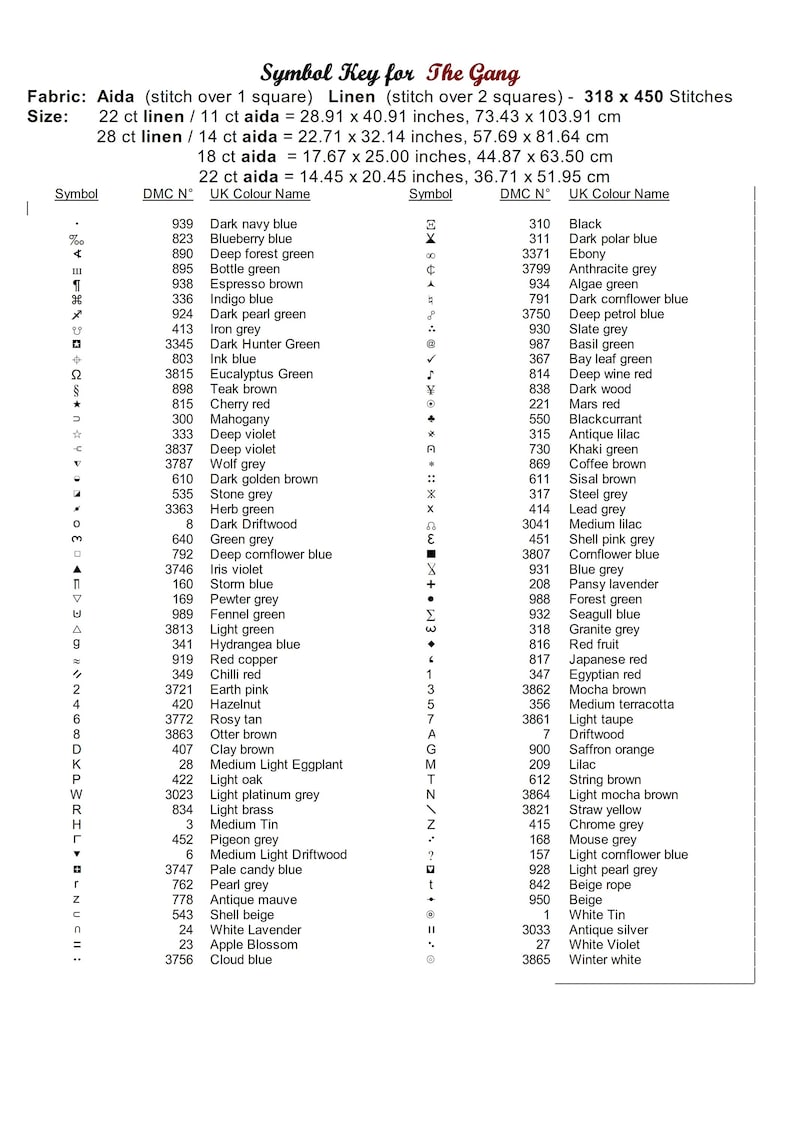 Puede incluir: Clave de s&iacute;mbolos para un patr&oacute;n de punto de cruz llamado "The Gang". La clave enumera los n&uacute;meros de hilo DMC y los colores correspondientes para cada s&iacute;mbolo utilizado en el patr&oacute;n. El patr&oacute;n es de 318 x 450 puntos y se puede trabajar en tela Aida de 22, 28 o 18 puntos.