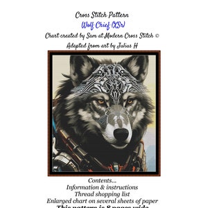 Könnte beinhalten: Kreuzstichmuster eines Wolfskopfes mit filigranen Details. Das Muster trägt den Titel "Wolf Chief (XSr)" und wurde von Sam bei Modern Cross Stitch entworfen. Das Muster ist an der Kunst von Julius H. angelehnt. Das Muster ist 8 Seiten breit.
