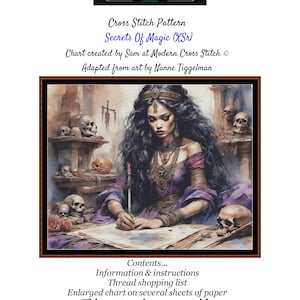 Könnte beinhalten: Kreuzstichmuster für Secrets of Magic, ein 9-seitiges Design mit einer Frau in einem violetten Kleid mit einem Schädel und anderen Gegenständen auf einem Tisch. Das Muster ist der Kunst von Nanne Tiggelman nachempfunden.