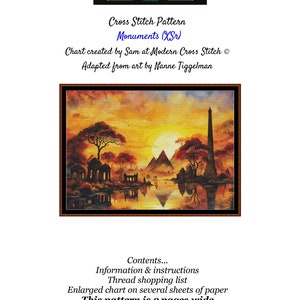 Könnte beinhalten: Kreuzstich-Muster mit dem Titel "Monuments (XSr)", das eine Sonnenuntergangslandschaft mit einem See, Bäumen und Gebäuden zeigt. Das Diagramm wurde von Sam bei Modern Cross Stitch erstellt und ist an der Kunst von Nanne Tiggelman angelehnt. Das Muster umfasst 9 Seiten.
