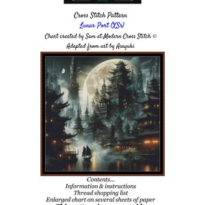 Könnte beinhalten: Kreuzstich-Muster einer japanischen Stadtlandschaft mit einem großen Mond im Hintergrund. Das Muster trägt den Titel "Lunar Port (XSr)" und wurde von Sam bei Modern Cross Stitch entworfen. Das Muster ist an der Kunst von Asayuki angelehnt. Das Muster umfasst 9 Seiten.