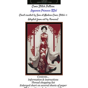 Könnte beinhalten: Kreuzstichmuster einer japanischen Prinzessin in einem rot-weißen Kleid mit langem Schleier. Das Muster ist 6 Seiten lang und zum Download verfügbar. Das Bild ist unter der Public Domain CC3 lizenziert.