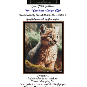 Könnte beinhalten: Kreuzstichmuster für ein Puma-Junges in einer Waldlandschaft. Das Muster trägt den Titel "Forest Creatures - Cougar (XSr)" und ist adaptiert aus der Kunst von Alan Frijns. Das Muster ist auf 7 Seiten verfügbar.