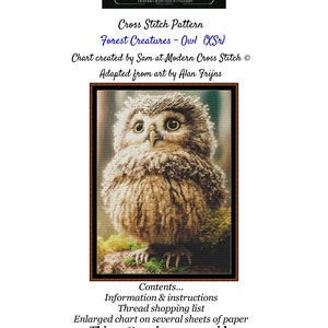 Forest Creatures ~ Owl Cross Stitch Pattern - This cute owl has piercing yellow eyes and a fabulously fluffy body.  You could just hug him.