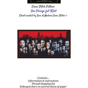 Könnte beinhalten: Kreuzstich-Muster des Casts der TV-Serie "One Chicago" mit rotem Hintergrund und einer Silhouette der Skyline. Das Muster ist 13 Seiten breit und beinhaltet Anleitungen und eine Garnliste. Das Muster ist bei ModXStitch auf Facebook erhältlich.