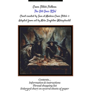 Könnte beinhalten: Kreuzstichmuster mit dem Titel "The Old Ones (XSr)", das vier Hexen an einem Tisch zeigt. Das Bild enthält Text, der besagt, dass das Muster 9 Seiten umfasst und unter Public Domain lizenziert ist. Adaptiert von Kunst von Mike Singleton.