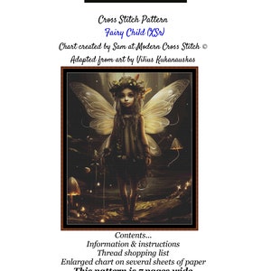 Könnte beinhalten: Kreuzstichmuster eines Feenkindes mit Flügeln, das in einem Wald mit leuchtenden Pilzen steht. Das Muster trägt den Titel "Fairy Child (XSr)" und ist adaptiert aus der Kunst von Vilius Kukanauskas. Das Muster ist auf 7 Seiten verfügbar.