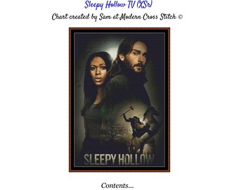 Op de afbeelding: Kruissteekpatroon voor Sleepy Hollow TV, met een donker beeld van Ichabod Crane en Abbie Mills. Het patroon is 6 pagina's breed en bevat instructies, een garenlijst en een vergroot diagram op meerdere vellen papier.