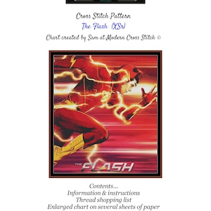 Può includere: Schema a punto croce con The Flash (XSr) in posa dinamica, con colori rosso e giallo dominanti. L'immagine include il testo "THE FLASH" e "modXstitch". Lo schema è di 8 pagine.