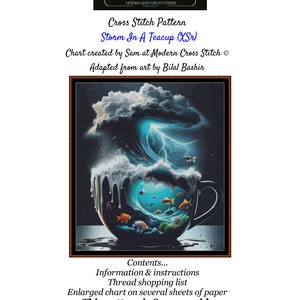 Könnte beinhalten: Kreuzstichmuster mit dem Titel "Storm In A Teacup (XSr)", das eine dunkelblaue Welle zeigt, die in einer Teetasse mit Blitz und Fischen zerbricht. Das Muster ist 8 Seiten lang und wurde von Sam bei Modern Cross Stitch erstellt. Die Kunst ist von Bilal Bashir adaptiert.