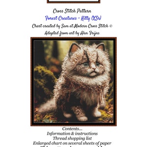Könnte beinhalten: Kreuzstichmuster eines flauschigen weißen Kätzchens mit braunen Markierungen, das in einer Waldlandschaft sitzt. Das Muster trägt den Titel "Forest Creatures - Kitty (XSr)" und umfasst 9 Seiten. Das Muster wurde von Sam bei Modern Cross Stitch erstellt und von der Kunst von Alan Frijns adaptiert.