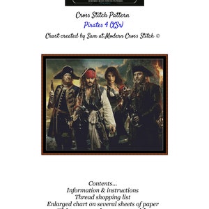 Könnte beinhalten: Kreuzstich-Muster der Piraten der Karibik-Filmfiguren Jack Sparrow, Angelica und Blackbeard. Das Muster ist 9 Seiten breit und beinhaltet Anweisungen, eine Garn-Einkaufsliste und ein vergrößertes Diagramm auf mehreren Blättern Papier. Das Muster ist bei ModXStitch erhältlich.