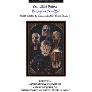 Może przedstawiać: Wzór na haft krzyżykowy przedstawiający pięć postaci z filmów grozy, w tym Freddy'ego Krugera, Jasona Voorheesa i Leatherface'a. Wzór nosi tytuł "The Original Four (XSr)" i został stworzony przez Sama w Modern Cross Stitch. Wzór ma 6 stron szerokości.