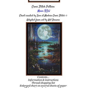 Könnte beinhalten: Kreuzstichmuster einer Mondlandschaft mit einem großen Vollmond am Himmel. Das Muster ist 6 Seiten breit und enthält Anweisungen und eine Garnliste. Das Muster ist adaptiert von Kunst von Art Dreams.