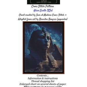 Könnte beinhalten: Kreuzstichmuster des Großen Sphinx von Gizeh mit einem sternenklaren Nachthimmel und einer Sichelmond. Das Muster trägt den Titel "Alien Earth (XSr)" und umfasst 7 Seiten. Das Muster wurde von Sam bei Modern Cross Stitch erstellt und von der Kunst von Brandon Booysen adaptiert.