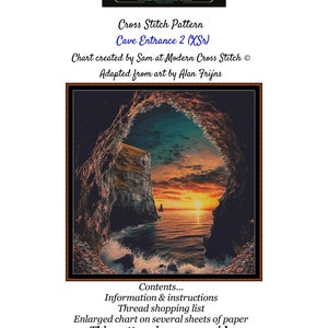 Könnte beinhalten: Kreuzstichmuster eines Sonnenuntergangs, der durch eine Höhlenöffnung zu sehen ist. Das Muster trägt den Titel "Cave Entrance 2 (XSr)" und umfasst 9 Seiten. Das Muster wurde von Sam bei Modern Cross Stitch erstellt und von der Kunst von Alan Frijns adaptiert.