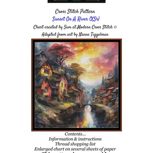 Könnte beinhalten: Kreuzstich-Muster für eine Sonnenuntergangsszene mit einem Fluss und Häusern. Das Muster trägt den Titel "Sunset On A River (XSr)" und umfasst 9 Seiten. Das Diagramm wurde von Sam bei Modern Cross Stitch erstellt und von der Kunst von Nanne Tiggelman adaptiert.