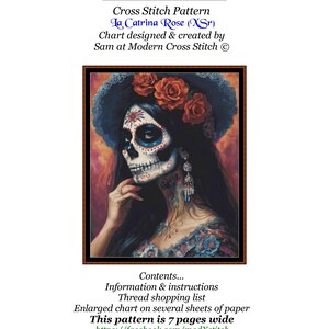Könnte beinhalten: Kreuzstichmuster mit La Catrina Rose. Das Bild zeigt eine Frau mit Totenkopf-Make-up, geschmückt mit Rosen und einem dekorativen Hut. Das Muster wurde von Sam bei Modern Cross Stitch entworfen.