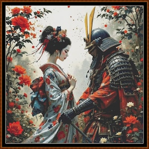 Könnte beinhalten: Gerahmtes Kunstwerk, das eine japanische Geisha und einen Samurai in einem Garten roter Rosen zeigt. Die Geisha trägt einen Blumenkimono, und der Samurai ist in traditioneller Rüstung gekleidet. Das Kunstwerk hat ein romantisches Thema und spielt in einer natürlichen Umgebung.
