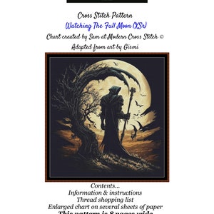 Könnte beinhalten: Kreuzstichmuster einer Kapuzenfigur, die vor einem Vollmond mit einem Baum und Fledermäusen steht. Das Muster trägt den Titel "Watching The Full Moon (XSr)" und wurde von Sam bei Modern Cross Stitch entworfen. Das Muster ist an der Kunst von Gismi angelehnt. Das Muster umfasst 8 Seiten.
