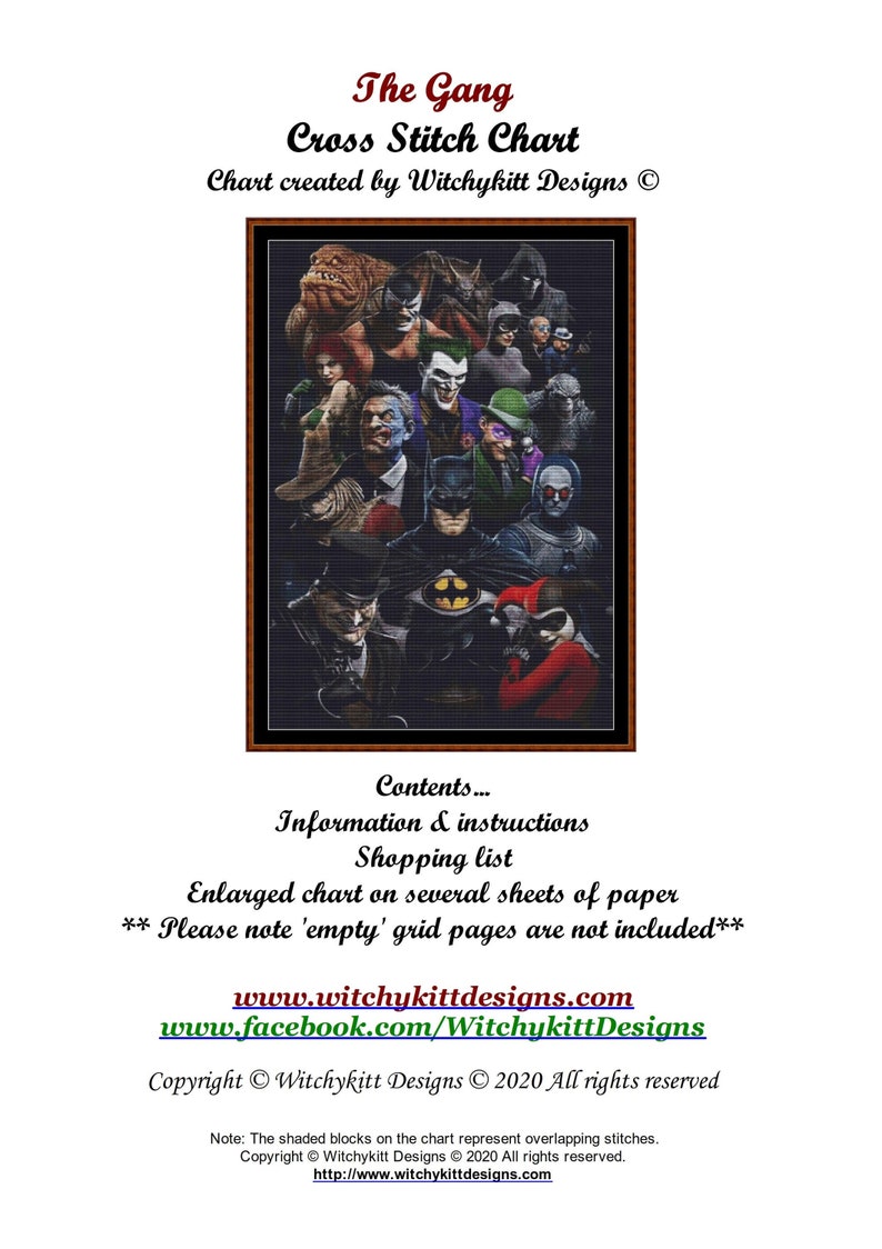 Puede incluir: Patr&oacute;n de punto de cruz con un grupo de personajes del universo de Batman, incluyendo Batman, Joker, Harley Quinn y el Ping&uuml;ino. El gr&aacute;fico se titula "The Gang" e incluye instrucciones y una lista de compras. El texto "www.witchykittdesigns.com" se incluye en la parte inferior del gr&aacute;fico.