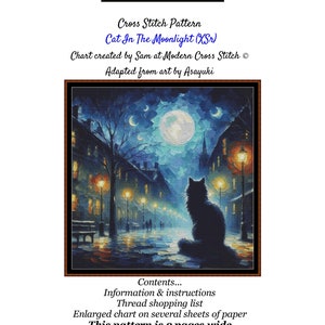 Könnte beinhalten: Kreuzstichmuster mit dem Titel "Cat In The Moonlight (XSr)", das eine schwarze Katze in einer mondbeschienenen Straßenszene zeigt. Das Bild enthält Text über den Ersteller des Musters, die Quellkunst und Inhaltsdetails. Das Muster ist 9 Seiten breit.