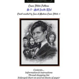 Könnte beinhalten: Schwarzweißes Kreuzstichmuster von Matt Smith als Doctor aus Doctor Who. Das Muster enthält den Doctor, seine Begleiter und die TARDIS. Das Muster ist 7 Seiten breit und enthält Anweisungen und eine Garn-Einkaufsliste.