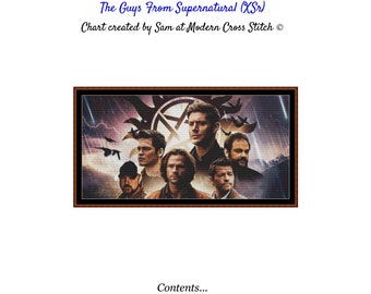 The Guys From Supernatural Cross Stitch Pattern featuring Jack, Castiel the Angel, Sam and Dean Winchester, Booby and Crowley