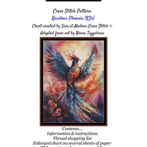 Könnte beinhalten: Ein Kreuzstichmuster mit dem Titel "Rainbow Phoenix (XSr)", das einen Phönix mit ausgebreiteten Flügeln zeigt. Das Design verwendet ein Farbspektrum, darunter Blau-, Orange- und Rottöne. Das Muster ist 7 Seiten breit und unterliegt der Public Domain CCo-Lizenz.