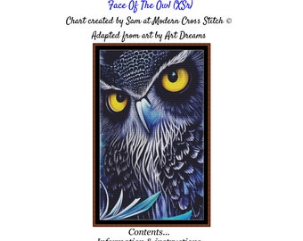 Face of the Owl Cross Stitch Pattern: Blue Feathers, Yellow Eyes (PDF Pattern)